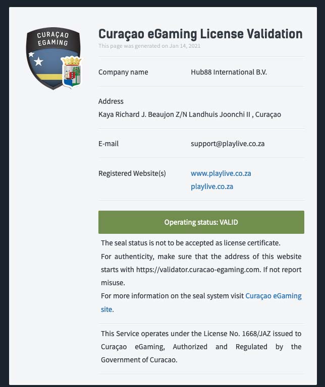 Curaçao eGaming License Validation for PlayLive.co.za
